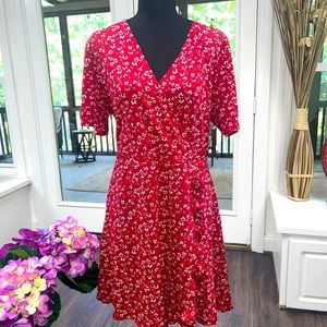 4th of July RED DRESS, women’s L, red with white flower sundress ruffle